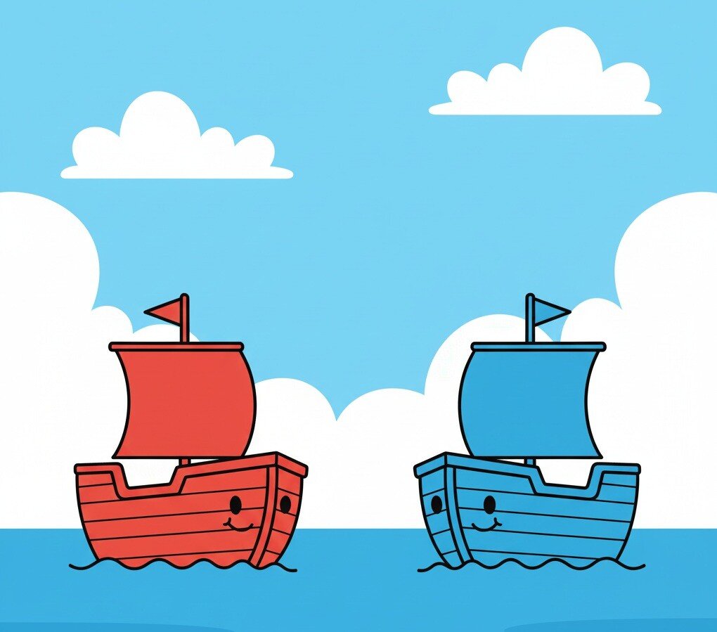 The ship of theseus paradox, illustrated by two colourful boats
